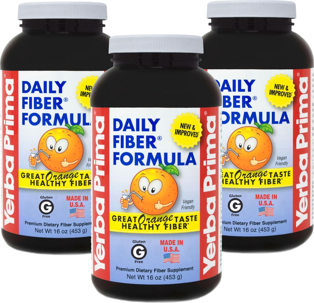 Yerba Prima Fiber Daily Formula 16 oz poudre (paquet de 3) - Great Dégusting Premium complément de fibre alimentaire, fabriqué aux États-Unis, sans OGM, sans gluten, saveur naturelle orange