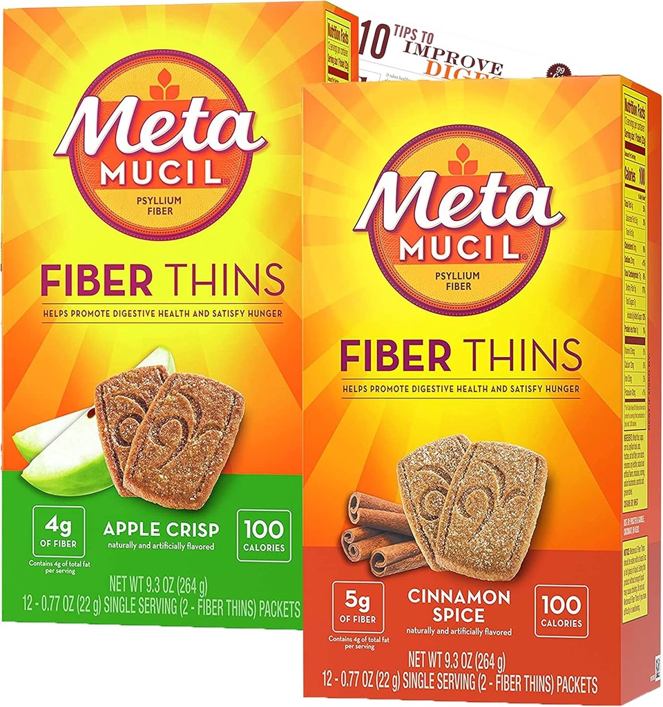 Métamucil Fiber Thins Supplément fibre avec Bleam Digestive Health Support Tip Card Psyllium Fibre Bars - 12CT Apple Crisp & 12CT Cinnamon Spice - Set