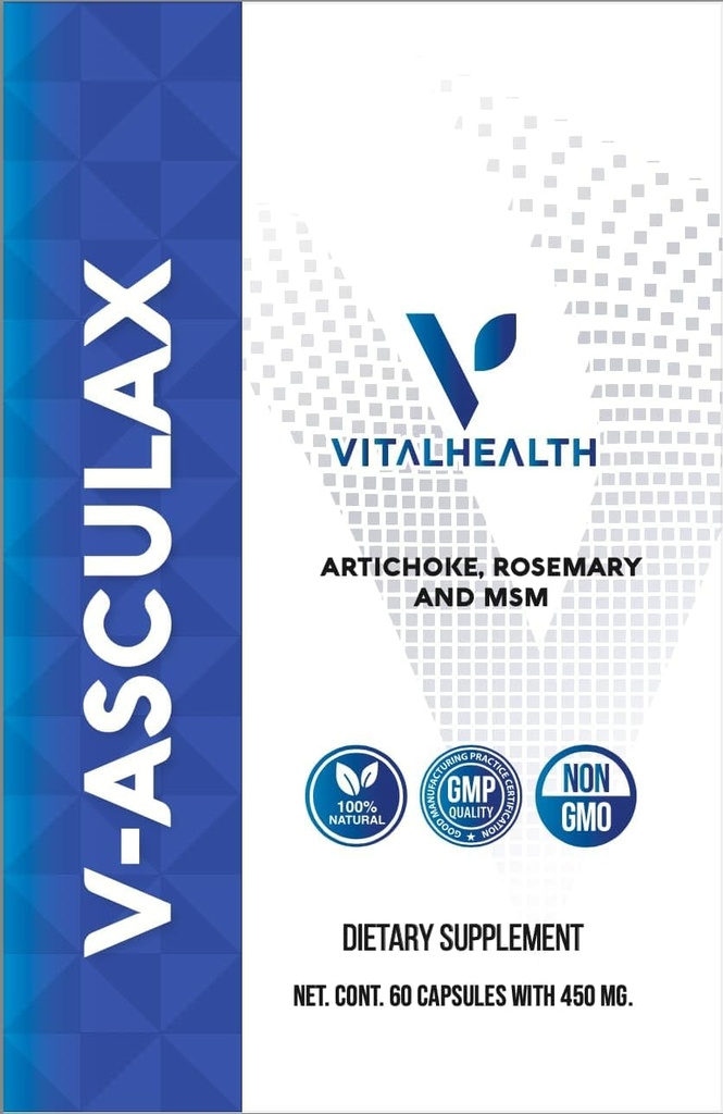 Vital Health V-Asculax Circulation Support – Santé cardiaque, flux sanguin, rétention des fluides et circulation artérielle – Formule à base de plantes naturelles avec la sorcière Hazel, Rue, Artichaut, Rosemary, MSM et Cavalier