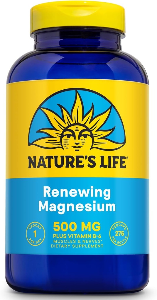 Nature de la vie Renouveler 500 mg de magnésium - Citrate de magnésium, Malate de magnésium, Oxyde de magnésium plus vitamine B-6 - Muscles et nerfs Support - Verifié en laboratoire - 275 portions, 275 VegCaps