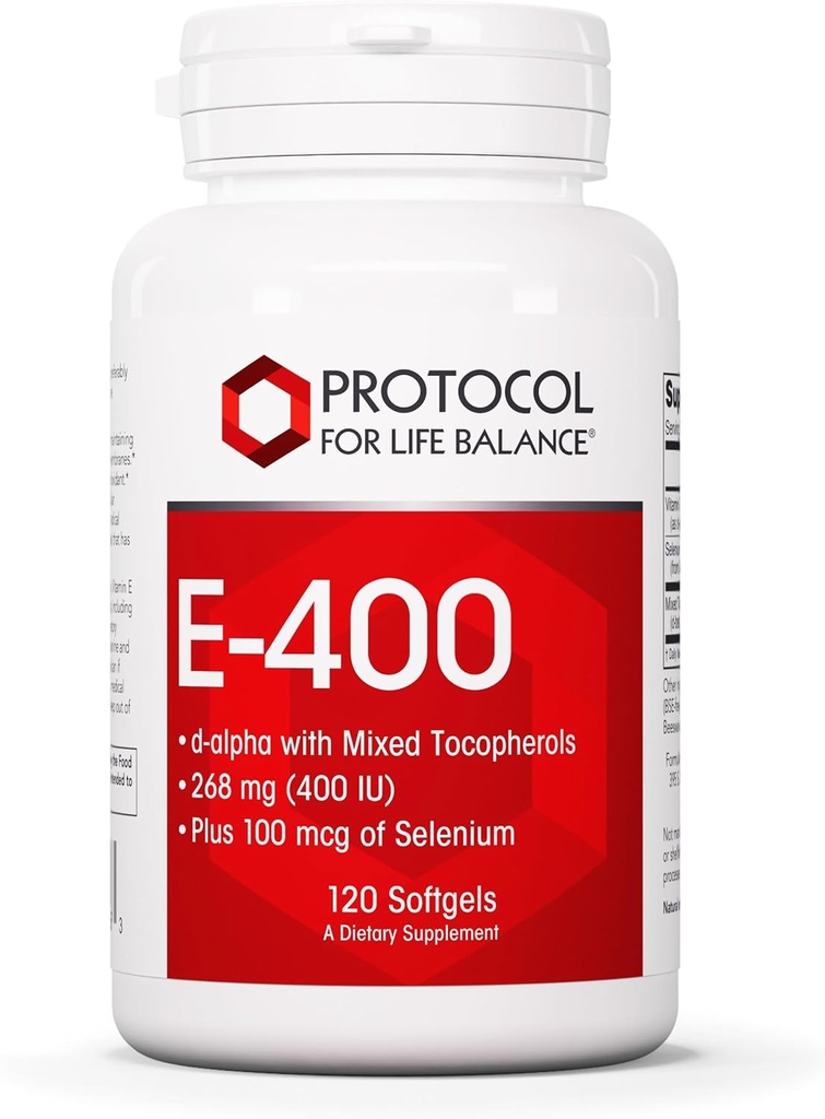 Protocole E-400 268 (400 UI) - softgels de vitamine E - Supplément antioxydants avec sélénium - d-Alpha avec tocophérols mélangés - Sans produits laitiers et halal - 120 softgels