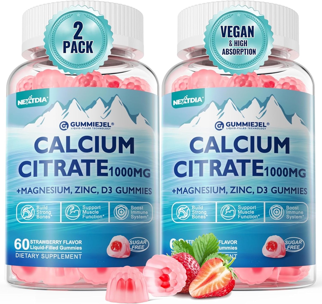 Citrate de calcium 1000mg, Gommies de calcium avec rapport Calcium & Magnésium 2:1, plus vitamine D3, zinc, B6 et potassium – haute absorption de calcium, os et soutien musculaire, végétalien, sans sucre, 120Cts