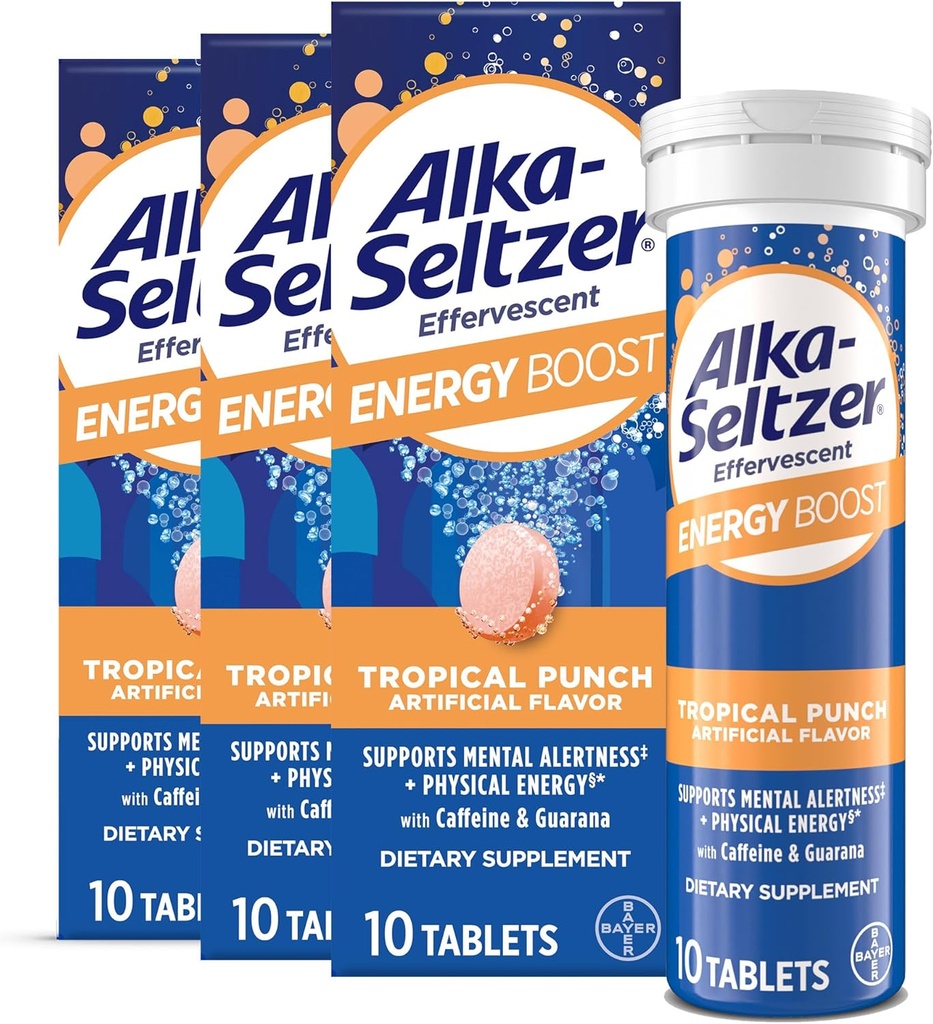 Alka-Seltzer Energy Boost: Caféine et Guarana, B Vitamines, soutient l'alerte mentale et l'énergie physique, Supplément d'énergie quotidienne, Comprimés étourdissants, sans sucre, léger parfum de punch tropical, 30ct