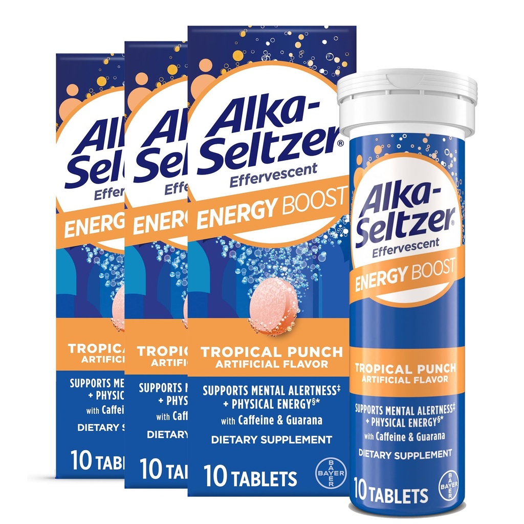 Alka-Seltzer Energy Boost: Caféine et Guarana, B Vitamines, soutient l'alerte mentale et l'énergie physique, Supplément d'énergie quotidienne, Comprimés étourdissants, sans sucre, léger parfum de punch tropical, 30ct
