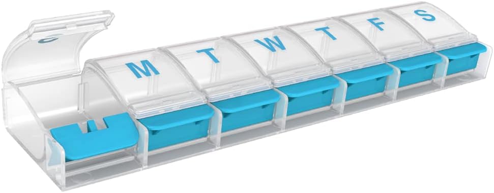 EZY DOSE Weekly (7-Day) AM/PM Daily Pill Organizer, Vitamine Case, and Medicine Container, X-Grand Compartiments, Arthritis Friendly, Commodity and Easy to Use, Clear/Blue, Design May Vary, BPA Free