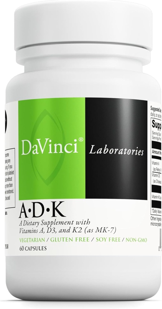 DAVINCI Labs ADK - Aide à soutenir la santé osseuse, cardiaque et immunitaire - Supplément alimentaire avec les vitamines A, D3 et K2 (sous forme de MK-7) - Végétarien, sans gluten et sans soja - 60 capsules
