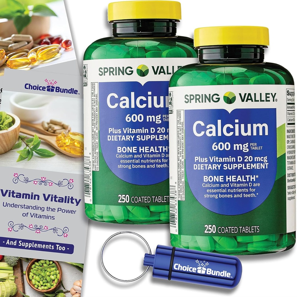 Choice Bundle Spring Valley Calcium Plus Comprimés Vitamine D 600 mg 250 Ct 2 pk (500 Total) + Vitamine Vitalité.