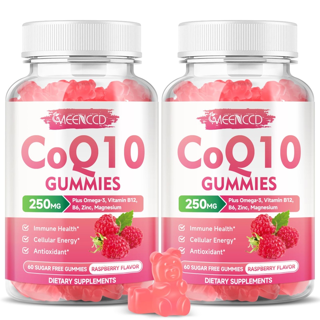 CoQ10 Gummies sans sucre 250mg, Coenzyme Q10 Suppléments Plus Oméga-3, Vitamine B6 & Zinc, Supplément CoQ10 haute absorption pour l'énergie cellulaire et le soutien antioxydant, Arôme framboise, Vegan 120Cts