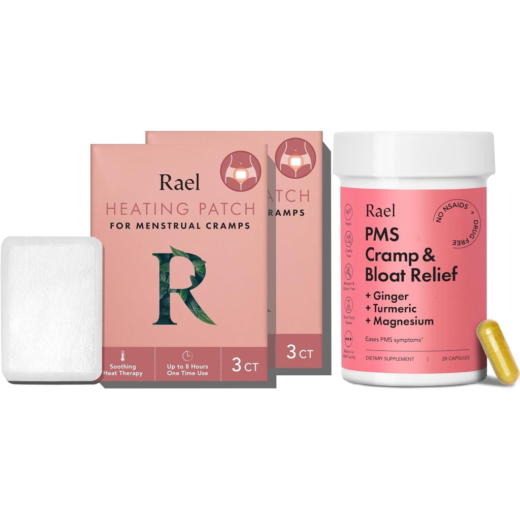 Rael Bundle - Supplément PMS pour femmes (28 Capsules) et palettes de chauffage à base de plantes (petit, 8 comtes)
