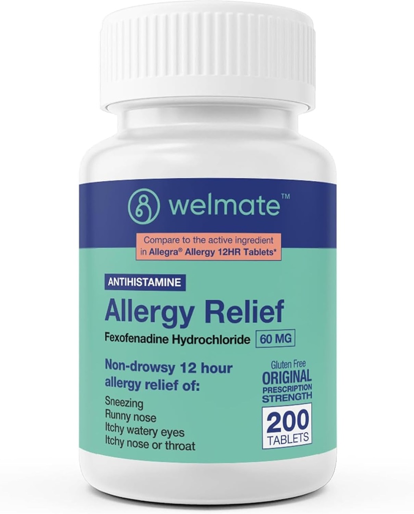 WELMATE - Allégation à l'allergie - Fexofenadine HCl 60 mg - 12 heures Antihistaminique non somnolente - Éternuement - Nez de runnie - Yeux de démangeaison, nez et gorge - Comprimés anti-allergie - 200 Compte