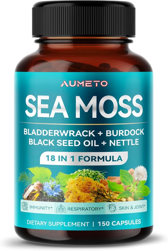 Supplément de mousse de mer premium avec huile de graines noires, Ashwagandha, Bladderwrack, Nettle- Formule avancée 18-en-1 pour l'amélioration de l'immunité, minéral-Rich - Fabriqué aux États-Unis (150 comte (paquet de 1))