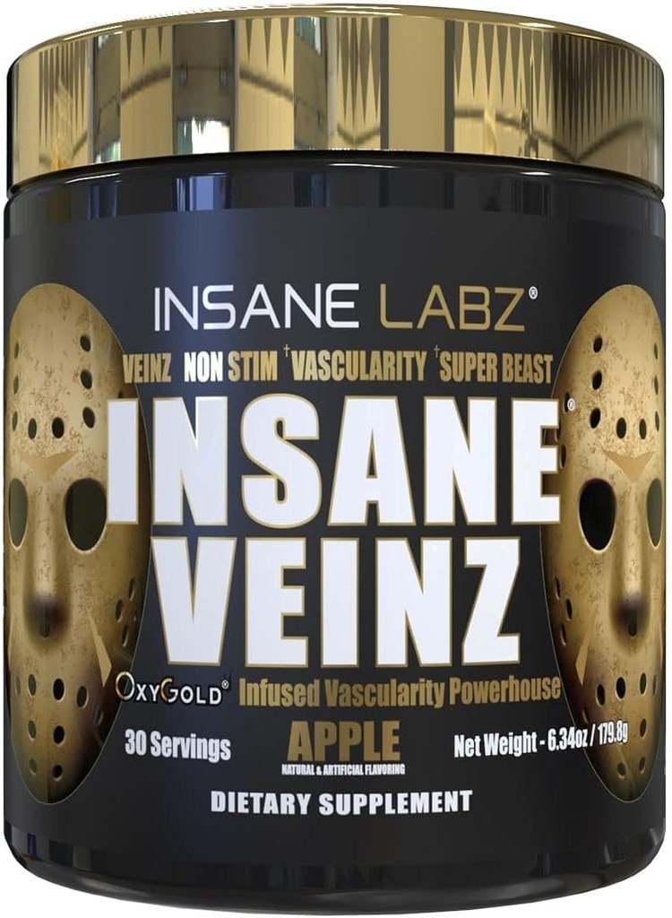 Insane Labz Insane Veinz Gold, Nitric Oxide Non Stimulant pre Workout Powder, Loaded with Hydromax, Nitrosigine, Increases Vascularity and Blood Flow, 30 Srvgs, Apple