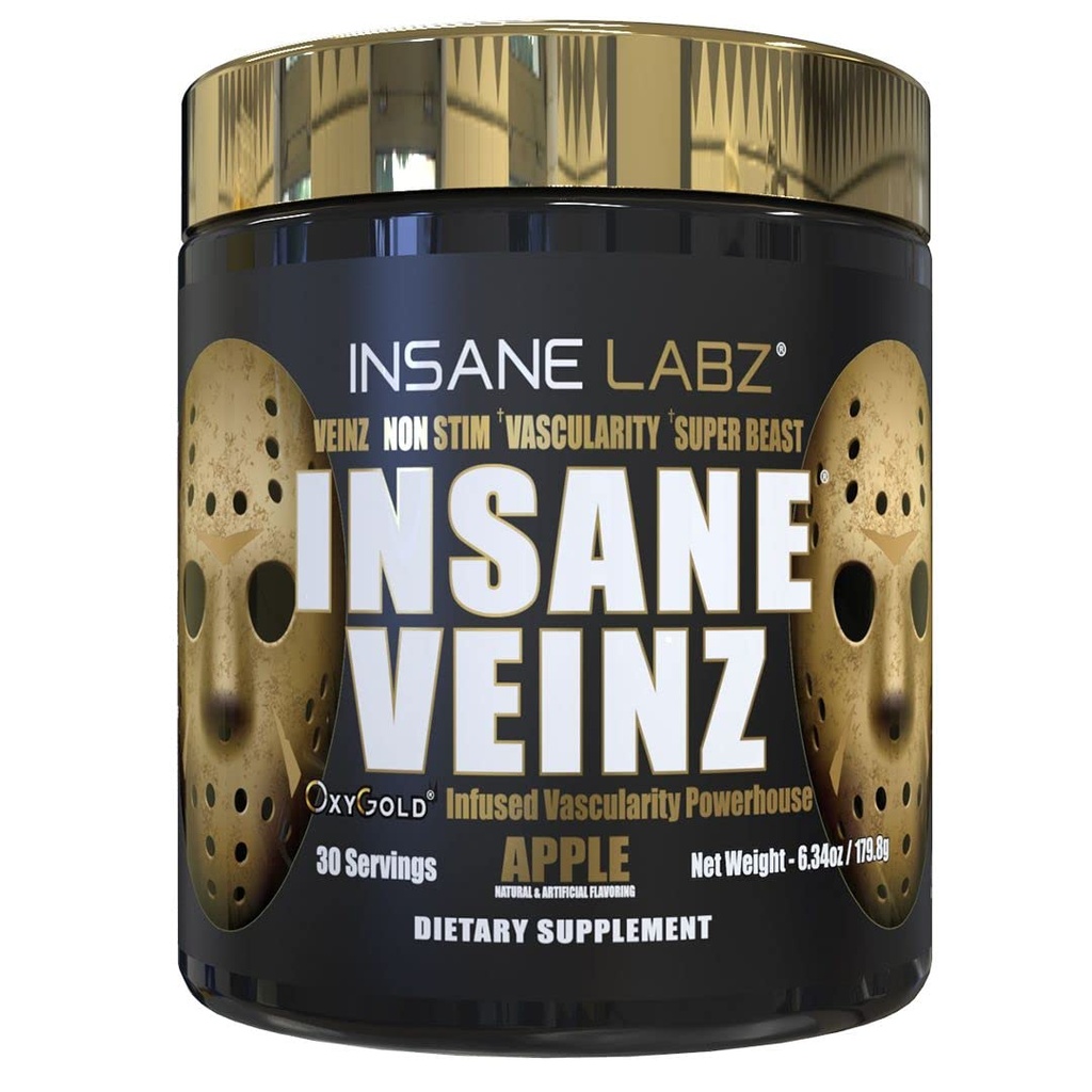 Insane Labz Insane Veinz Or, Oxyde nitrique Poudre de pré-entraînement non stimulante, chargée d'hydromax, de nitrosigine, augmente la vasculaire et le flux sanguin, 30 Srvgs, pomme