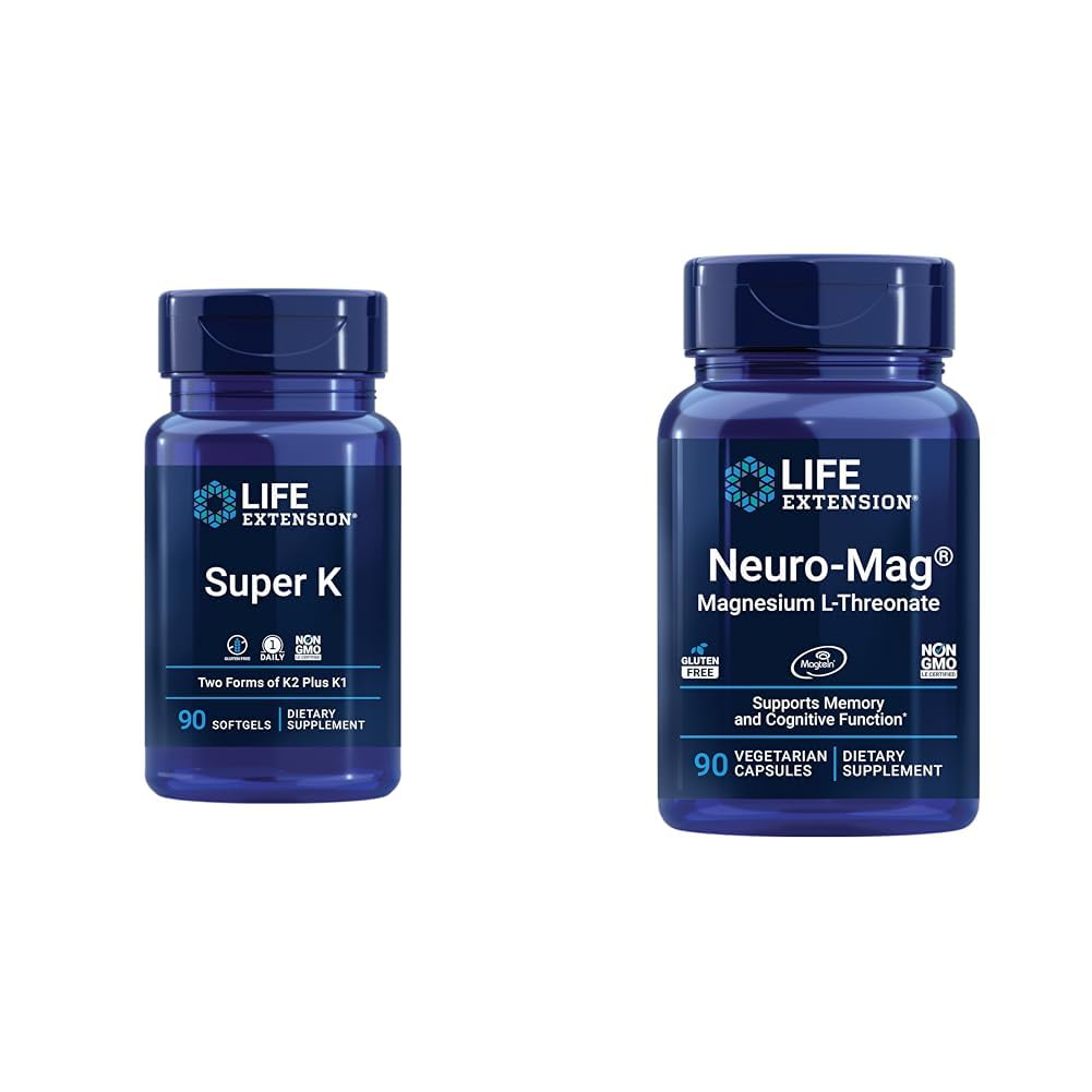 Extension de vie Super K, Vitamine K1, Vitamine K2 mk-7, Vitamine K2 mk-4 et Neuro-mag Magnésium L-thréonate, Magnésium L-thréonate