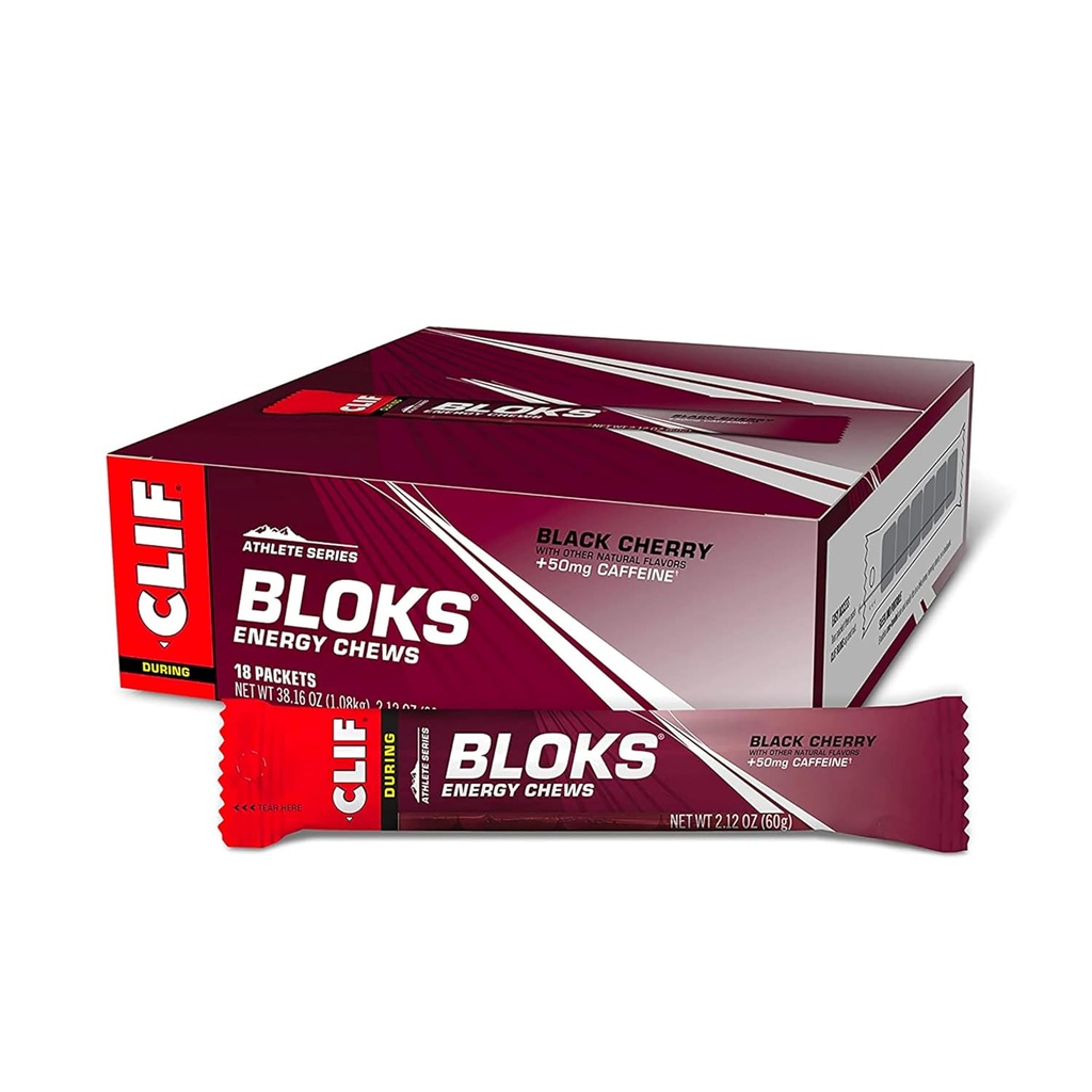 CLIF BLOKS - Flacon de cerise noir avec caféine - Chews d'énergie - Non-OGM - Basé sur une usine - Carburant rapide pour le vélo et la course - Carbohydrates et électrolytes rapides - 2,12 oz. (18 Compte)