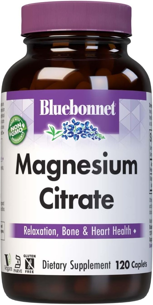Bluebonnet Nutrition Citrate de magnésium, 400mg de magnésium, Absorption maximale, soutient la production de santé et d'énergie immunitaire*, sans soja, sans gluten, sans OGM, sans cacher, sans lait, végétalien, 120caplets