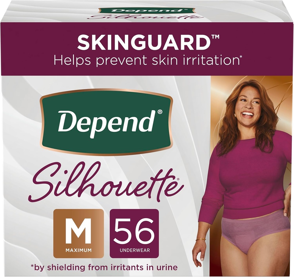 Depend Silhouette Adult Incontinence and Postpartum Underwear for Women, Medium, Maximum Absorbency, Berry, 56 Count (2 Packs of 28), Packaging May Vary