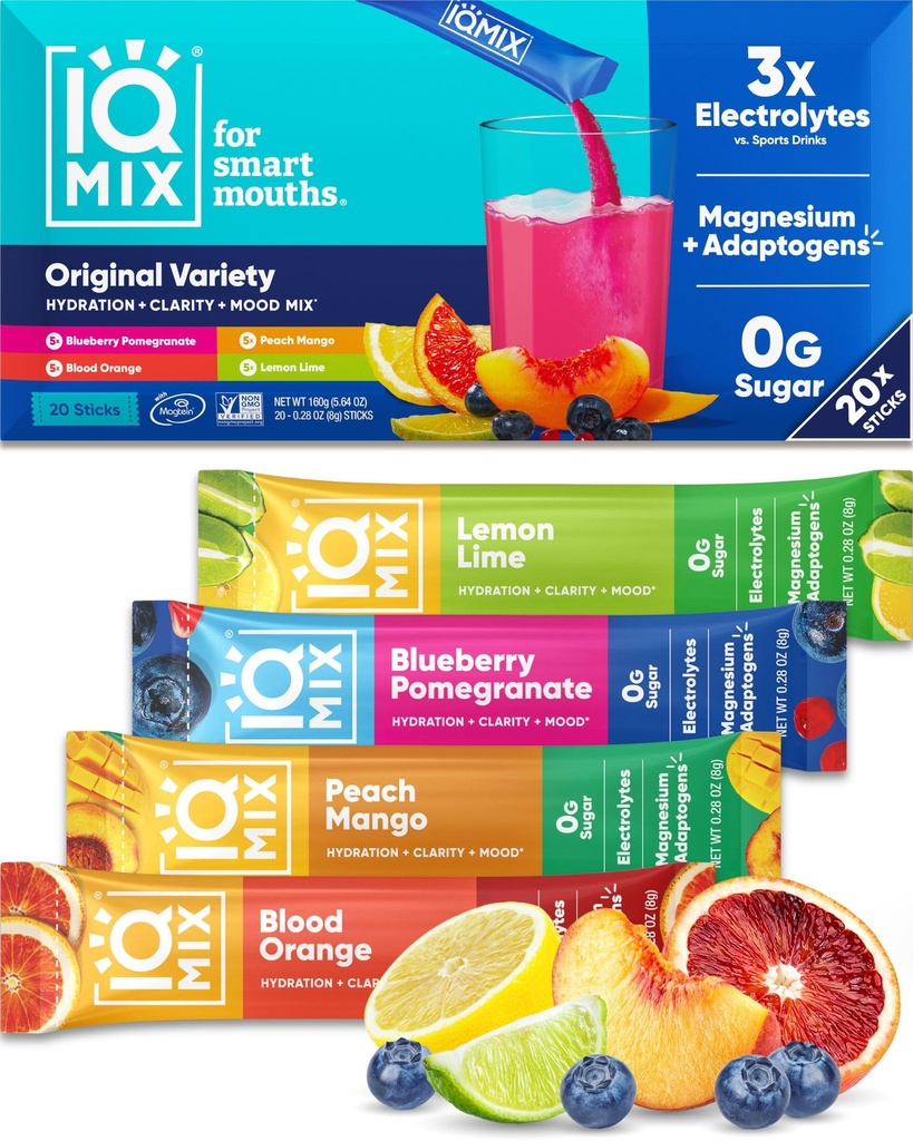 IQMIX Poudre d'électrolyte d'hydratation – Formule 4-en-1 pour l'hydratation, la clarté mentale, l'humeur et la récupération – Mélange de boissons sans sucre, Kéto, Magnésium L-Thréonate, Mane de Lion – 20 Count