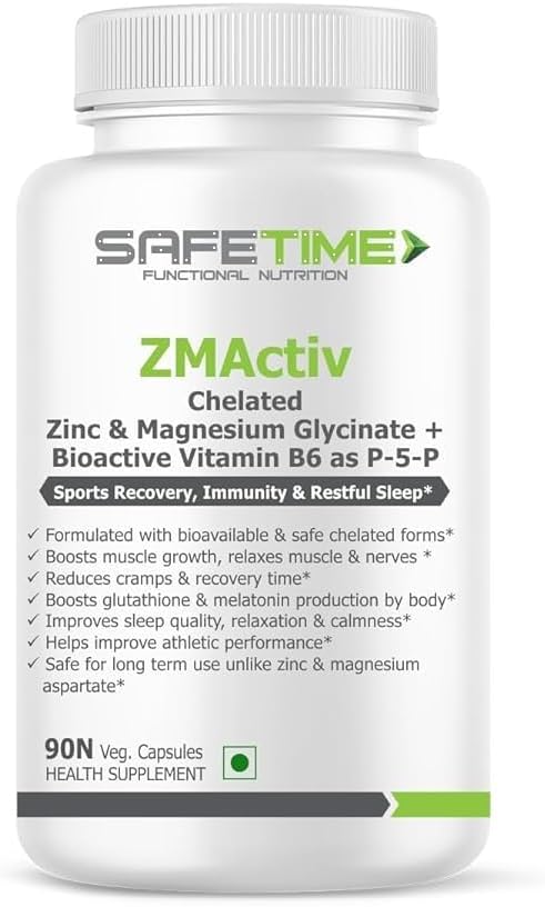 Safe.TIME ZMActiv Glycinat de zinc, Glycinat de magnésium, forme active vitamine B6 P5P, rétablissement sportif, sommeil reposant, immunité, booster de glutathion, biodisponible, sans danger (1 quantité - 90 gélules)