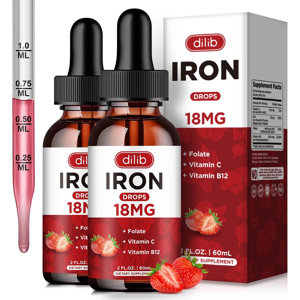 (2 Pack) Supplément en fer liquide pour les femmes et les hommes Des suppléments en fer pour l'anémie avec folate, vitamine C, B12 pour le soutien des globules rouges-Strawberry, 4 Fl Oz