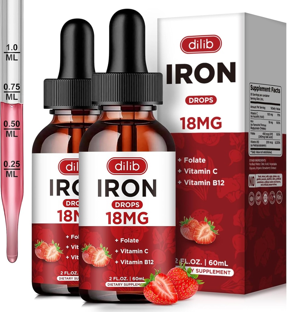 (2 Pack) Supplément en fer liquide pour les femmes et les hommes Des suppléments en fer pour l'anémie avec folate, vitamine C, B12 pour le soutien des globules rouges-Strawberry, 4 Fl Oz