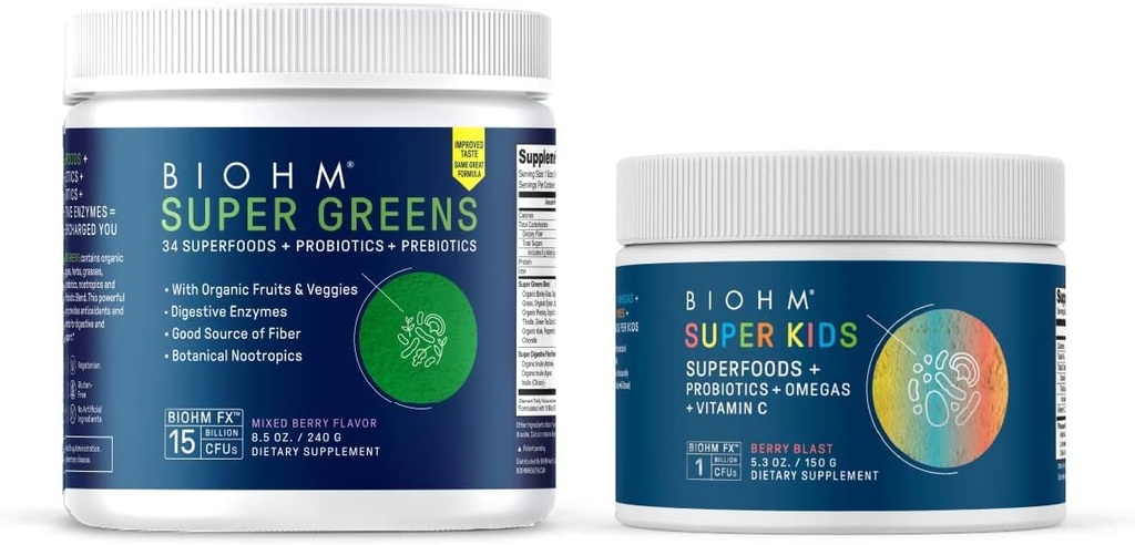 BIOHM Super Greens et Super Kids Bundle, Green Superfood Powder Antioxydant Veggies with Kids Superfood Plus Probiotiques, Berry Flavor, 30 portions