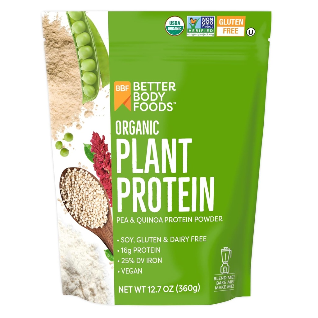 BetterBody Foods Poudre de protéines à base de plantes biologiques, 16g de protéines 24% DV, végétalien, faible teneur en glucides nets, sans gluten, sans lait, sans sucre ajouté, sans soja, sans OGM, 12.7 Ounces