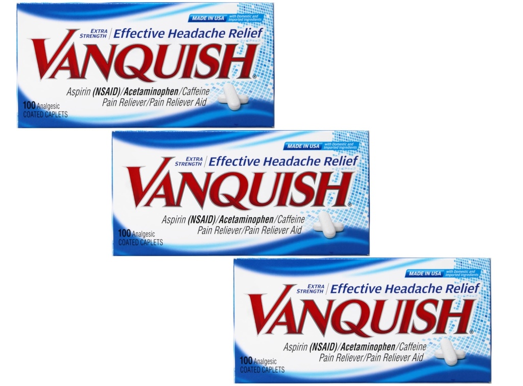 Soulagement efficace des maux de tête – Aspirine (NSAID), acétaminophène, caféine, 100 capsules enrobées d'analgésique - 3 boîtes