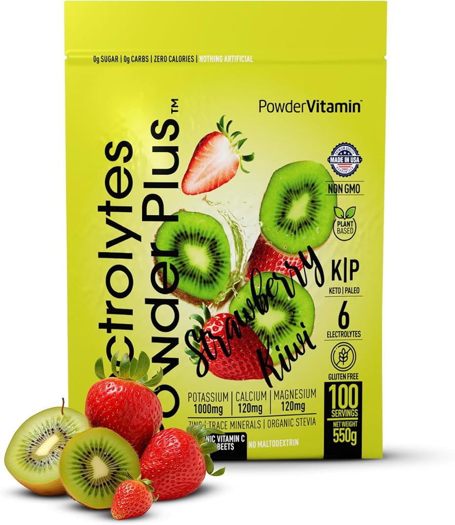 PoudreVitamine Electrolytes Poudre Plus (100 portions) Fraise Kiwi Electrolyte Poudre Zéro Calorie Keto,0 Sucre, Non Maltodextrine,1000mg Potassium,120mg Calcium,120mg Magnésium, Poudre d'hydratation