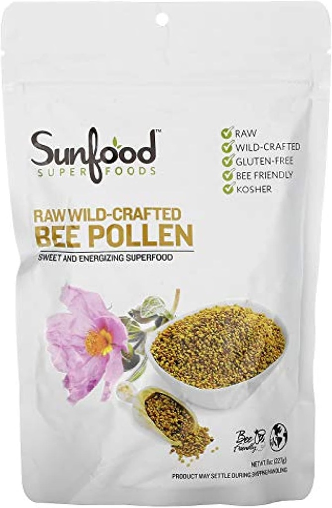 Superaliments du soleil Pollen d'abeilles crues raftées sauvages - Granules de pollen d'abeilles, supplément 100% de pollen d'abeilles crues, Pollen d'abeilles au miel collecté par les apiculteurs, Superaliments naturels pour les hommes et les femmes - 8 Oz Sac