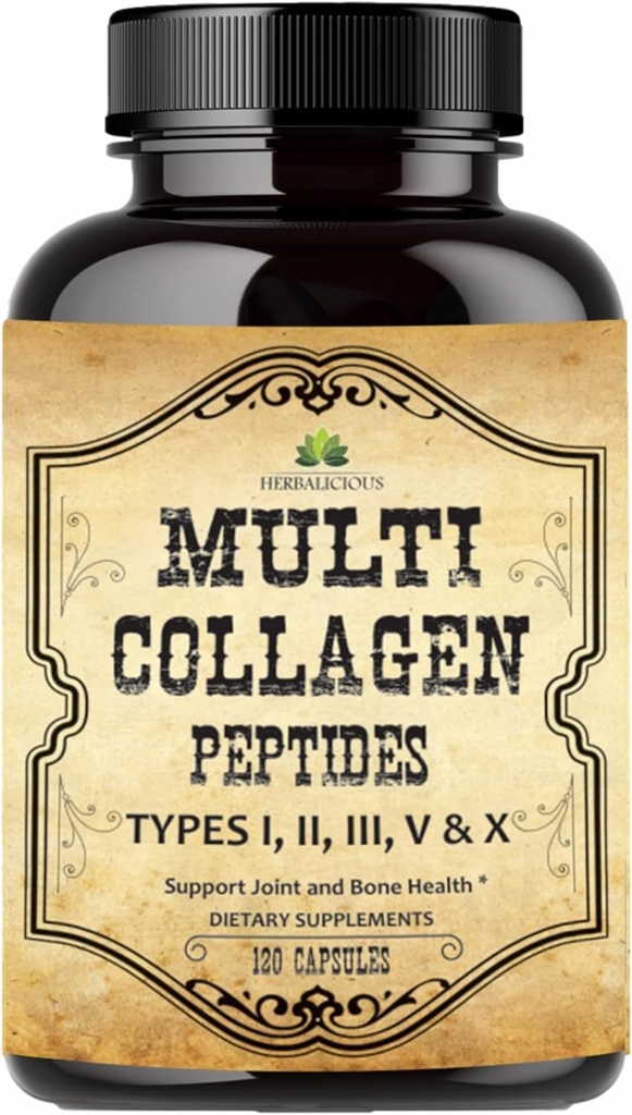 HERBALICIOUS Multi Collagen Peptides Capsules - Non-GMO & Gluten Free Type I, II, III, V, X Hydrolyzed Collagen Supplements with Vitamin C - Supports Healthy Hair, Skin, Nails, & Joints - 120 Capsules