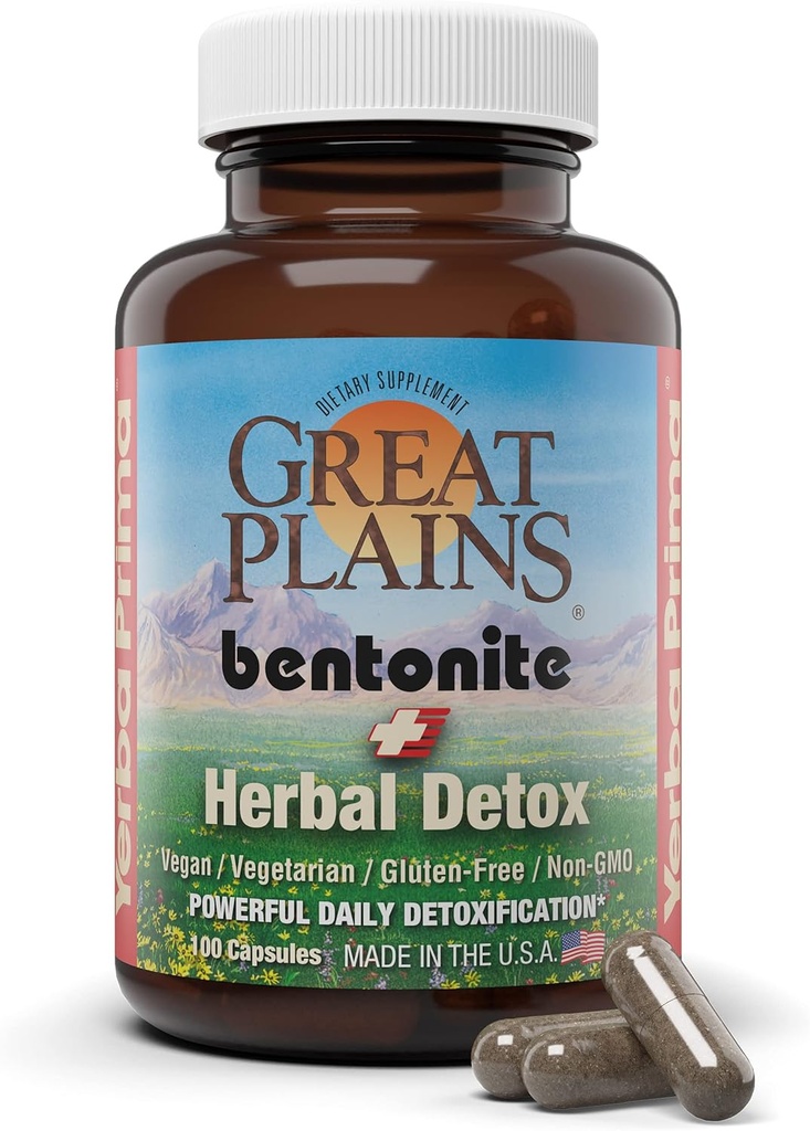 Yerba Prima Bentonite Clay Plus Detox Herbal, 100 Capsules de Veg - Clay de qualité alimentaire de The Great Plains, États-Unis - Supplément Colon & Liver Cleanse avec Calcium Clay