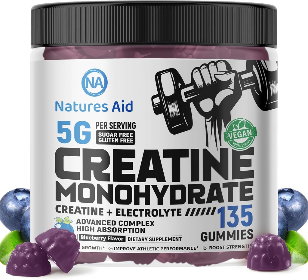 Natures Aid Creatine Monohydrate Gommies (5g) – Pré-entraînement Énergie et soutien à la croissance musculaire pour les hommes et les femmes