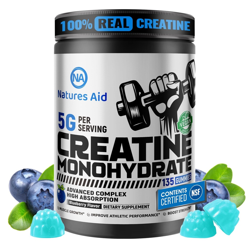 Natures Aid NSF Certified Creatine Gummy 5g - Creatine Monohydrate Gummies – Pré-entraînement Énergie et soutien à la croissance musculaire pour les hommes et les femmes
