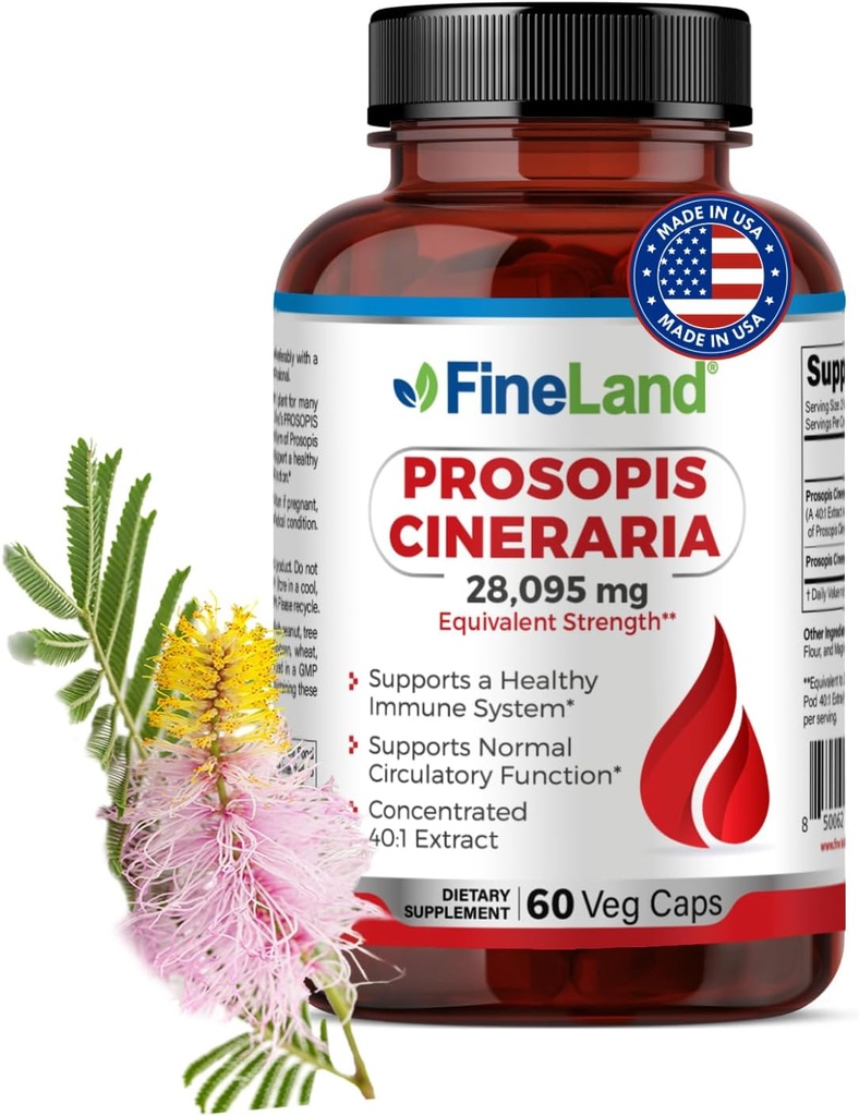 FineLand Prosopis Cineraria 40:1 Extrait – 28 000 mg Max Strength – Full Spectrum – Supporte le cholestérol, la circulation et la santé artérielle – Non-OGM, sans gluten – 60 capsules végétaliennes