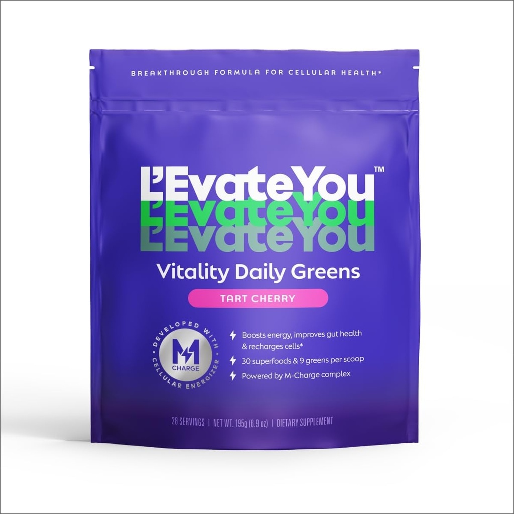 L'Evate You Vitality Daily Greens Powder (28 portions) 30 Superfoods, 9 Greens - pour un booster d'énergie cellulaire, alimenté par le complexe de charge M pour l'énergie toute la journée (Tart Cherry)