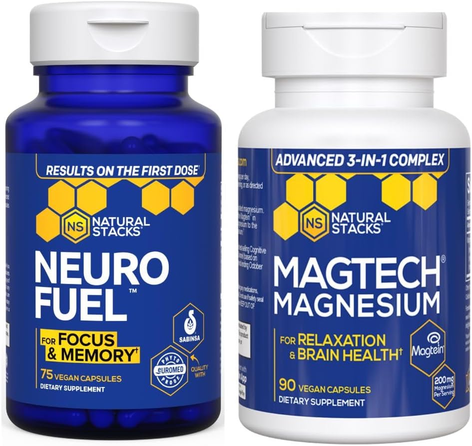 NATURAL STACKS MagTech Magnesium + NeuroFuel Nootropic Bundle - Supports Relaxation, Focus & Brain Health* - 165 Total Capsules