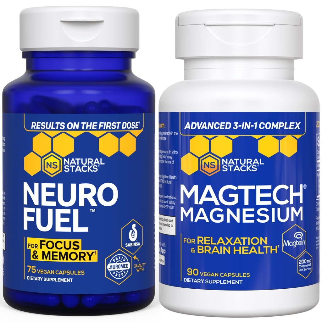 STACKS NATURAUX MagTech Magnésium + NeuroFuel Nootropic Bundle - Soutient la relaxation, la concentration et la santé cérébrale* - 165 Capsules totales
