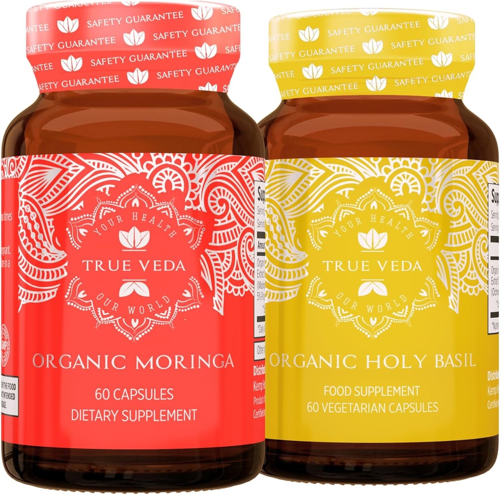 True Veda Energize Bundle USDA Organic | Multi-Award-Winning | Organic Moringa | Organic Holy Basil Capsules