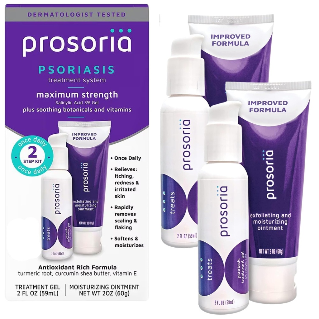 Système de traitement de Prosoria Double Kit – 2 oz – Powerful Psoriasis Relief avec acide salicylique, curcuma, beurre de karité et vitamines