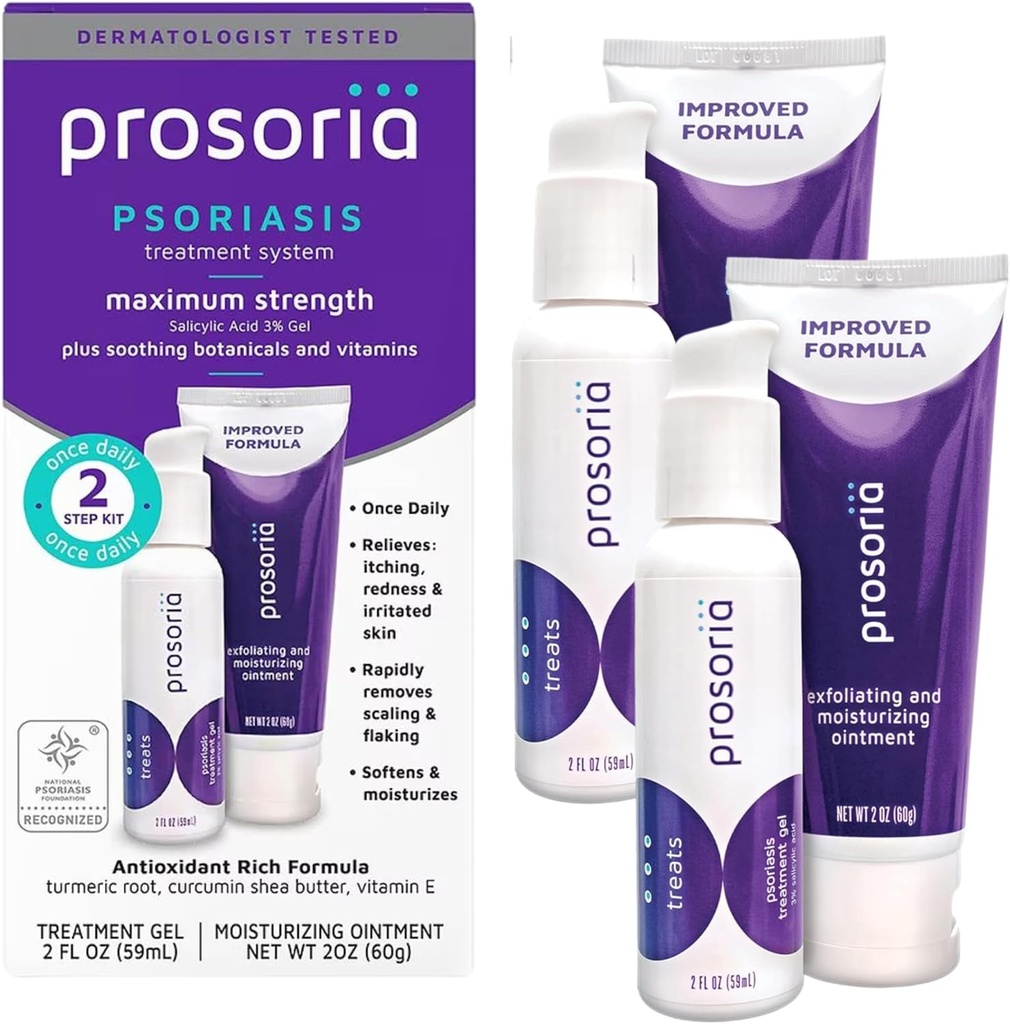 Système de traitement de Prosoria Double Kit – 2 oz – Powerful Psoriasis Relief avec acide salicylique, curcuma, beurre de karité et vitamines