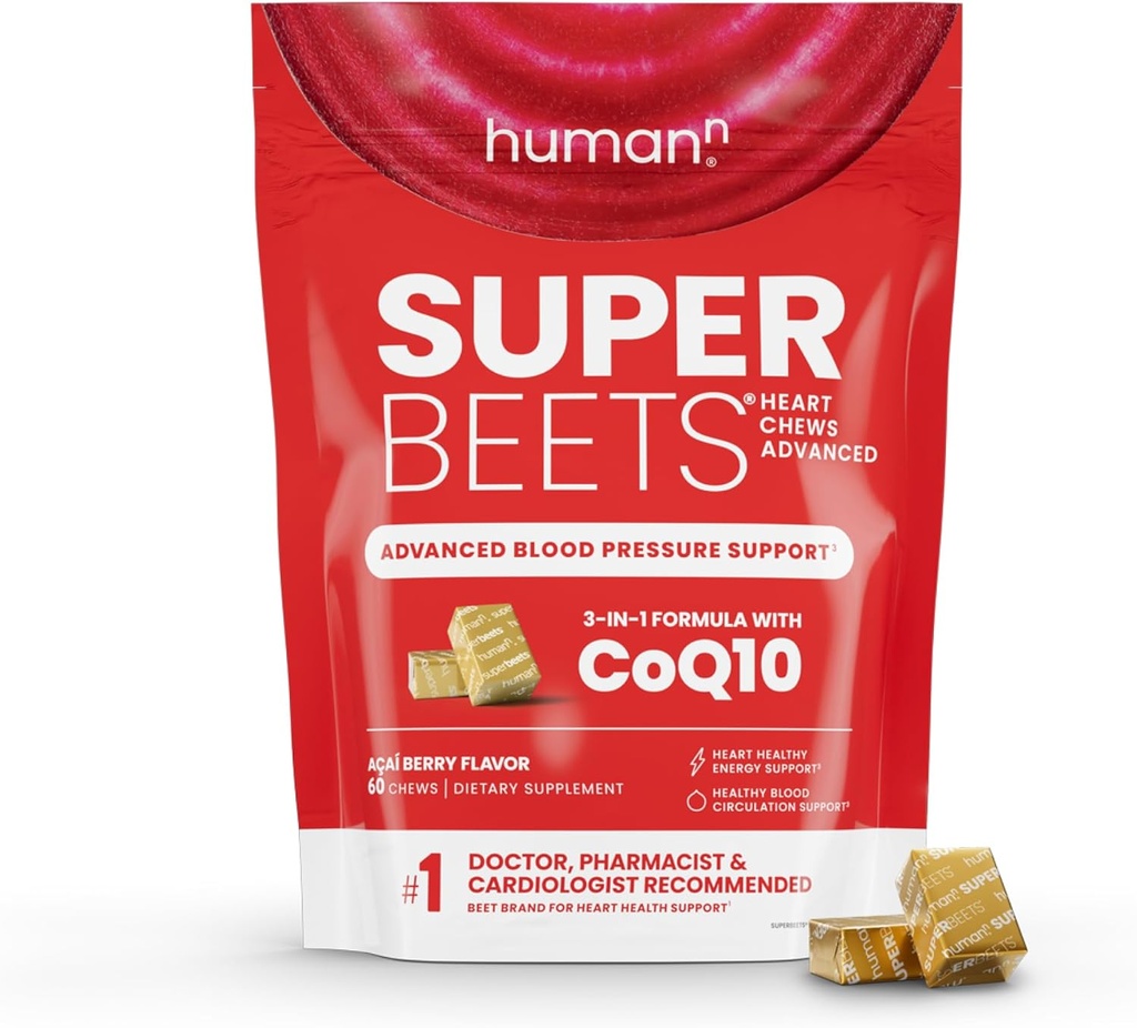 humanN SuperBeets Heart Chews Advanced - 100mg de CoQ10 Plus Extrait de betterave et de graines de raisin, 60 Compte