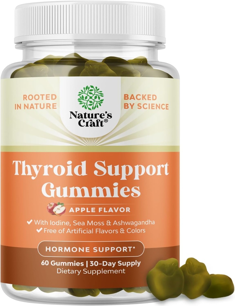 Natures Artisanat Gommies de thyroïde végétalien avec la mousse de mer - Gommies de soutien thyroïde pour un soutien complet pour les hommes et les femmes avec l'iode sélénium et autres vitamines potentes - sans gélatine non-OGM 60