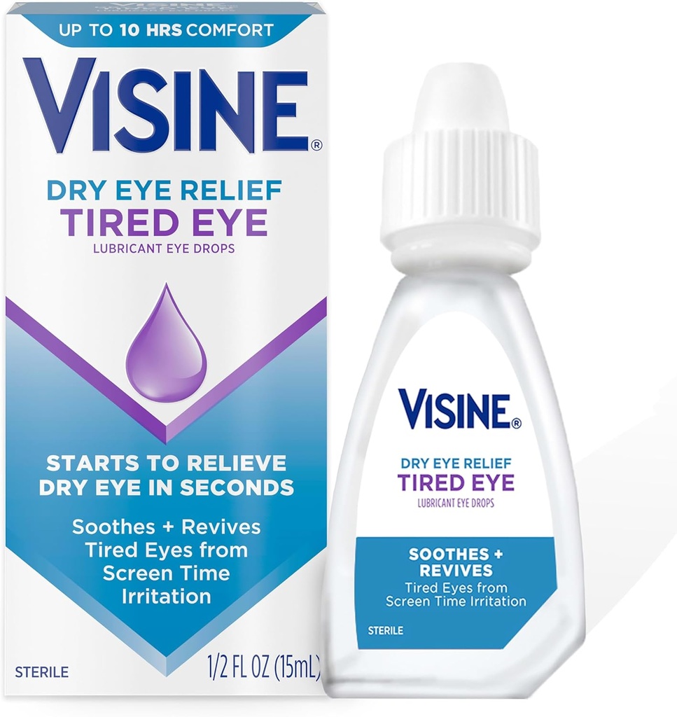 Relief des yeux secs Visine Lubrifiant fatigué gouttes oculaires, gouttes stériles hydratantes et apaisantes pour les yeux irrités, secs et fatigués en raison de l'irritation du temps de l'écran, Polyéthylène Glycol, 0,5 fl. oz