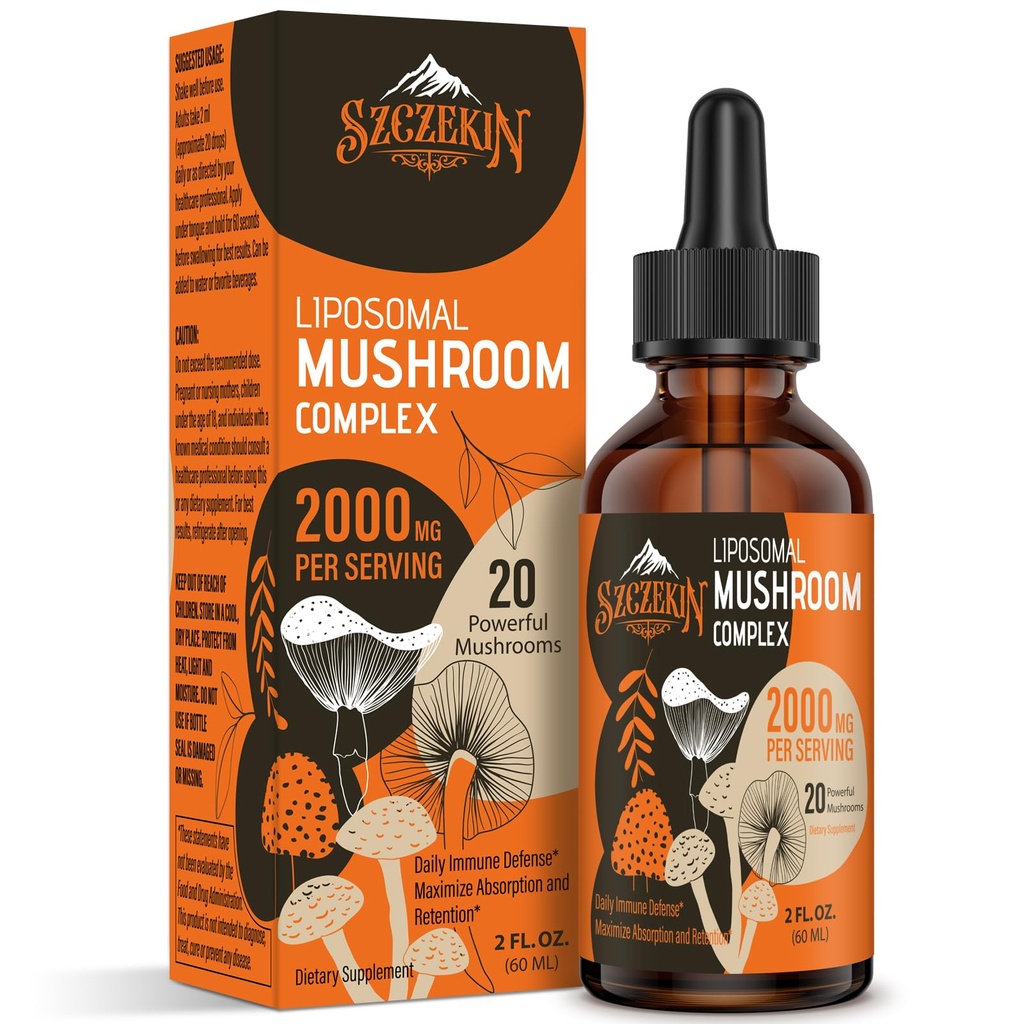 Drops complexes de champignons liposomiques 2000 MG - 20 extraits de champignons biologiques - Formule liquide avancée pour l'immunité, la cognition et la mémoire - Supplément de la Mane des Lions, Reishi, Cordyceps, Chaga, 30 portions