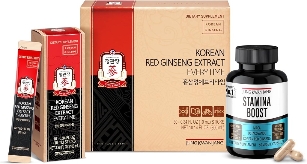 JUNG KWAN JANG Panax Rouge Coréen Ginseng Energy Bundle - Extraire chaque fois 3000mg Sticks (30 comte) & Stamina boost pour la vitalité quotidienne des hommes (60 capsules)