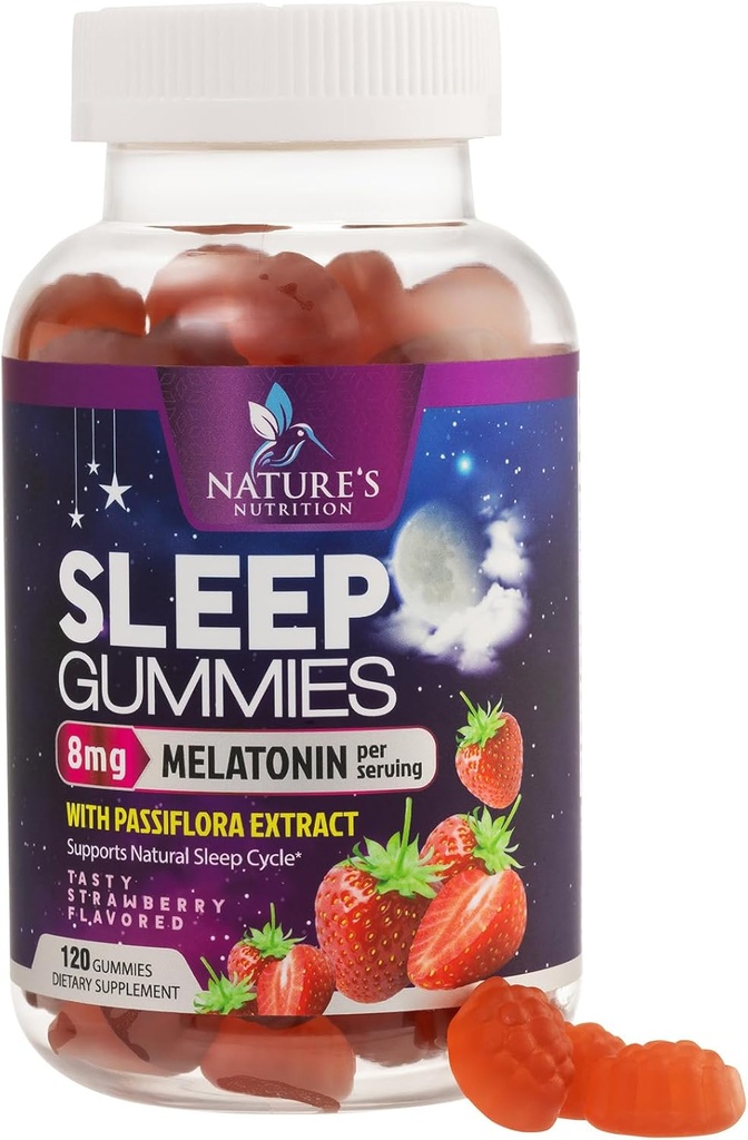 Gommies de sommeil pour adultes Extra Strength 8mg - Melatonine avec extrait de Passiflora pour sommeil reposé - Supplément de gommy à mélatonine de sommeil à action rapide, végétalien, non-OGM, goût de fraise savoureux - 120 Gommies