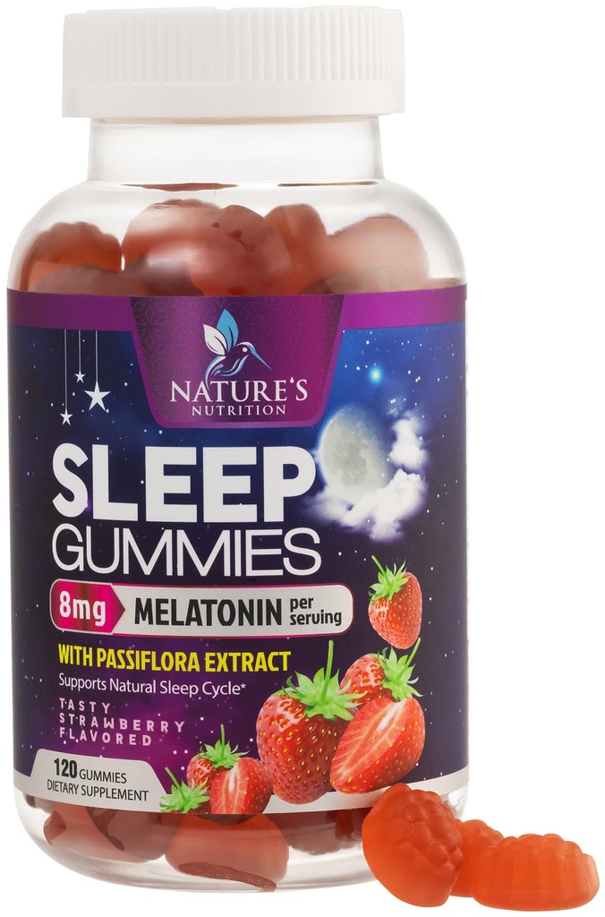 Gommies de sommeil pour adultes Extra Strength 8mg - Melatonine avec extrait de Passiflora pour sommeil reposé - Supplément de gommy à mélatonine de sommeil à action rapide, végétalien, non-OGM, goût de fraise savoureux - 120 Gommies