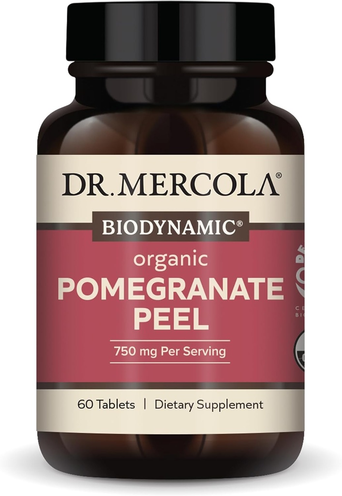 Dr Mercola Biodynamic Pomegranate Peel, 30 portions (60 comprimés), soutient la santé mitochondriale*, non OGM, sans soja, sans gluten, bio USDA, certifié Démètre