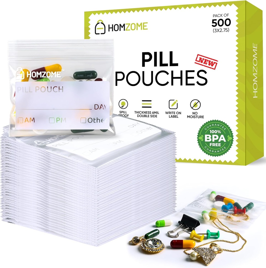 Homezome Pill Pouch Bags 6 mil Pack of 500- BPA Free 3x2.75 inches Reusable Pill Pouches for Medicine with Write on Label Clear Small ziplock Bags for Pills, Jewelry and Travel Pill Organizer